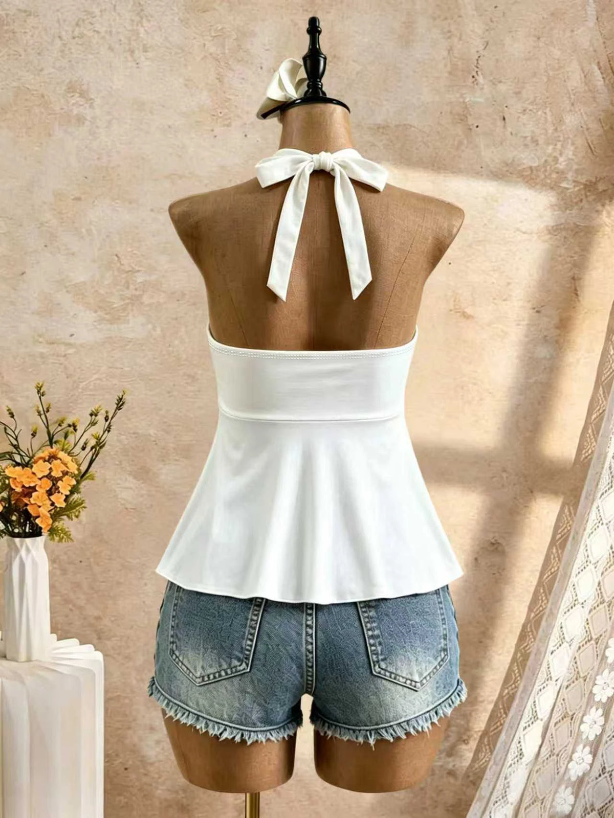 Women Halter Deep V Neck Front Self Tie Flared Peplum Camisole 2026 Summer Y2K Solid Color Sleeveless Flowy Beach Vacation Tank