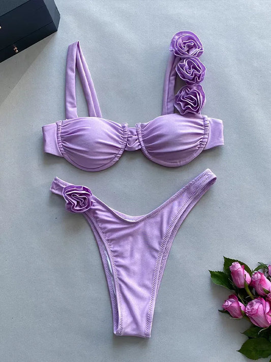 Sexy Solid Backless Floral Bikini  Set Women Split Swimsuit High Waist Beach Bikini 2025 New Summer Swimwea Bikinis Set