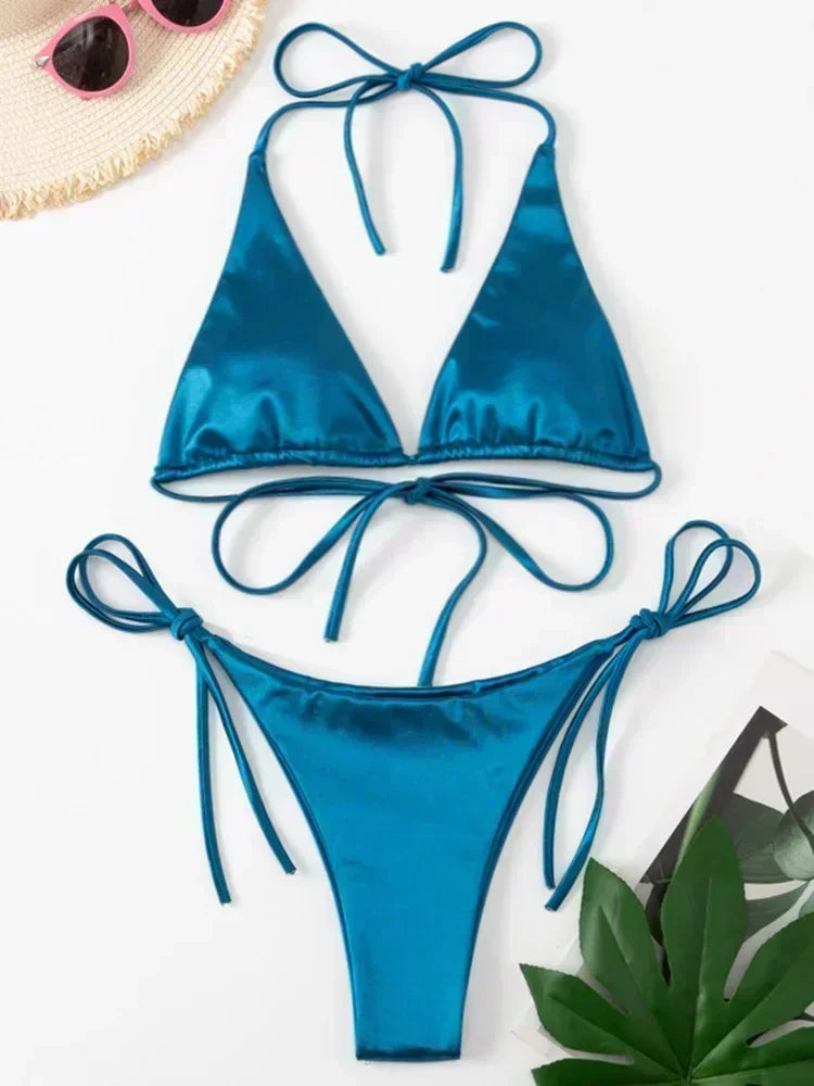 Halter Brazilian Metallic Satin Bikini  Swimwear, Swimsuit Two-pieces Bikini Set High Cut Bathing Suit Swim Beachwear