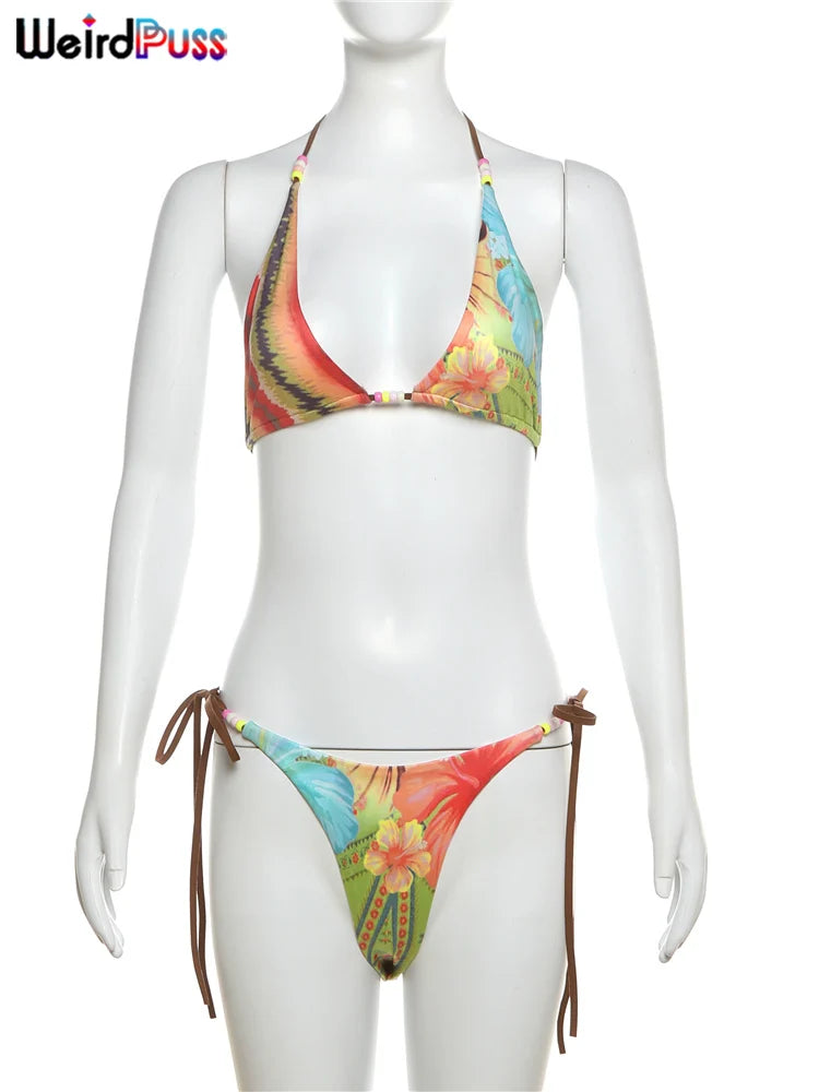 Weird Puss Beach Style Women 2 Piece Set Y2K Vacation Swimsuit Colorful Pearl Halter Bikini Bra+Panties Party Matching Clubwear