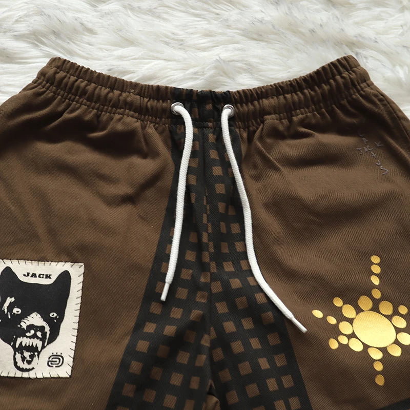 Cactus Jack Shorts Fashion Casual  Loose Color Blocking Patch Black Drawstring Elastic Waist Shorts Men Women Streetwear Pants