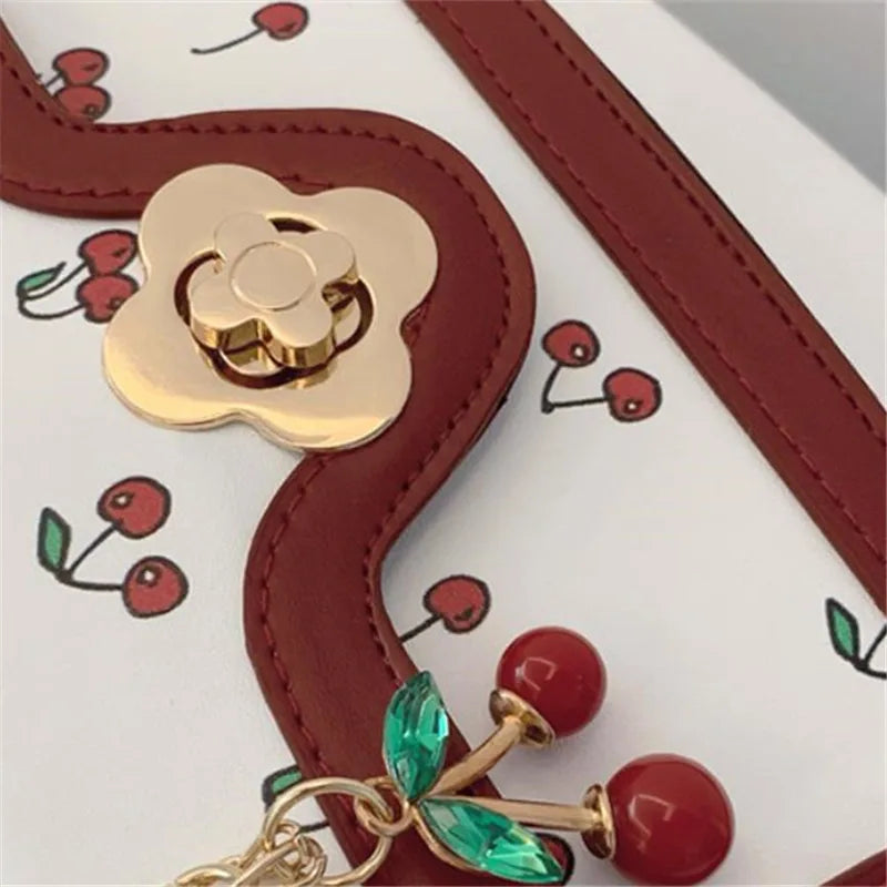 Cute Cherry Printed Handbag Shoulder Bag, Woven Handle Square Tote Bag, Fresh Design Women's Crossbody Bag, Stylish Women Bag