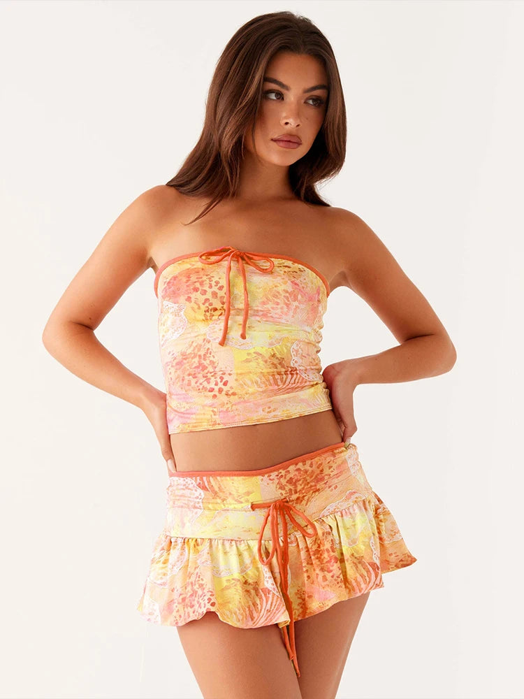 Weird Puss Tie-Dye Shirring 2 Piece Set Women Sexy Off Shoulder Backless Crop Tops+Ruffles Skirts Beach Party Fashion Outfits