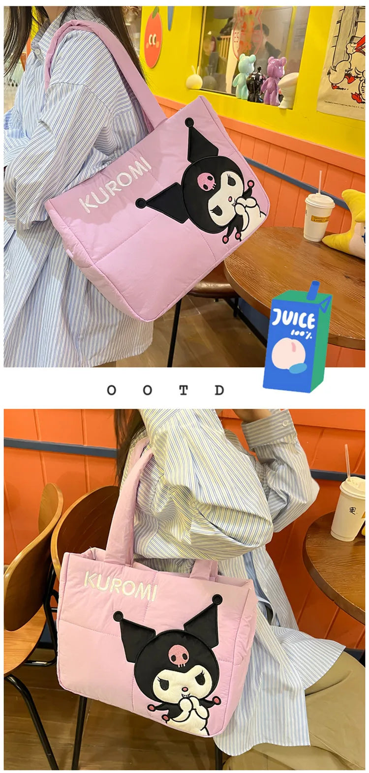 Sanrio Kawaii Hello Kitty Kuromi Tote Bags Cute My Melody Pochacco Cartoon Down Cotton Large Capacity Shoulder Bag Gifts Girls