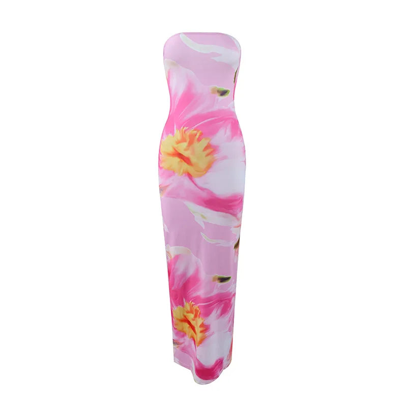 Women's Fashion Sexy Flower Print Strapless Long Dress Summer Vacation Elastic High Waist Slim Fit Party Evening Dress 2025