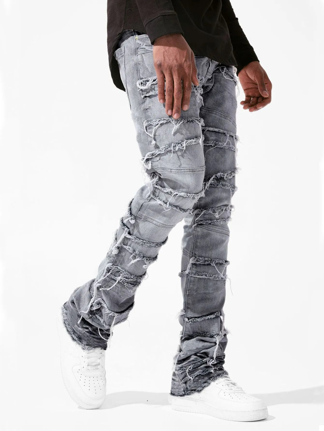 Straight Pant Men Jeans Denim Pants Slim Fit Irregular Folds Tassel Splice Simple Button Pocket High Street Trousers Spring