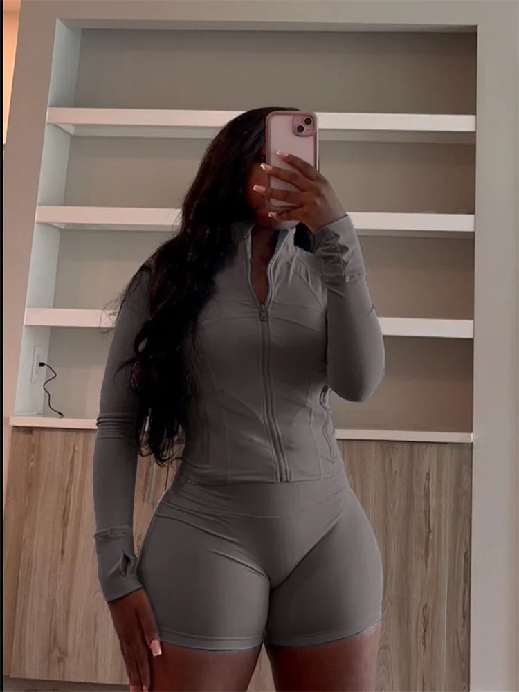 Weird Puss Casual Sporty 2 Piece Set Women Classic Tracksuit Cardigan Full Sleeve Jacket+Stretch Waist Skinny Shorts Trend Suits
