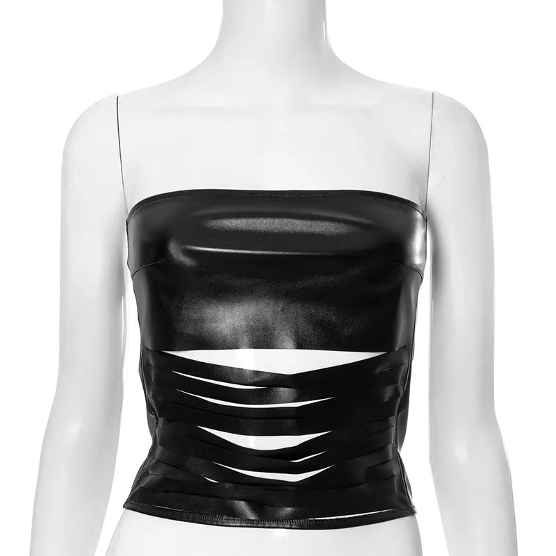 Nsauye Strapless Women Basic Casual Streetwear Night Club Fashion Summer Crop Tops PU Leather Mini Skinny Hollow Out Tank Tops