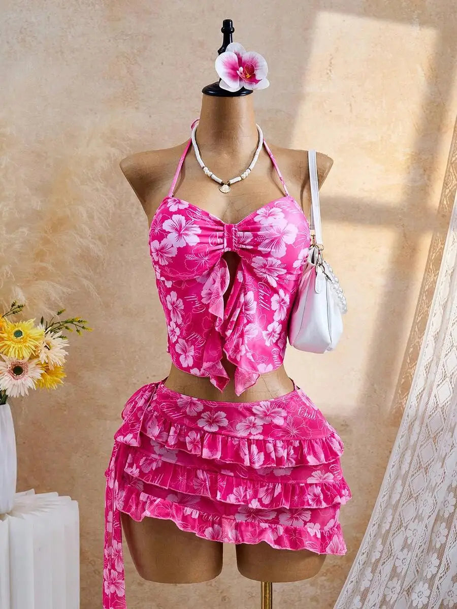 Bellisia Women's Pink Floral Tie-Dye Bikini Set,Summer Casual Holiday Vacation Swimwear,Ruched Bust Flounce Halter Split Tie