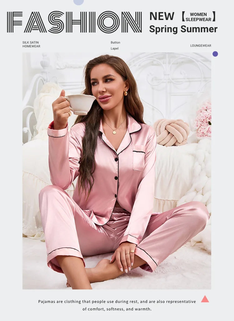 Autumn Satin Women‘s Pajamas Set Notched Collar Top & Wide Leg Long Pants 2 Pieces Sleepwear Female Loungewear Like Leisure Suit