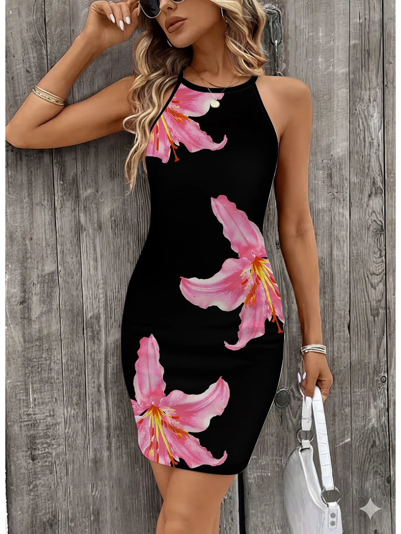 Women's Floral Print Camisole Dress Casual Summer Elegance round Neck Sleeveless Mid-Length Skirt