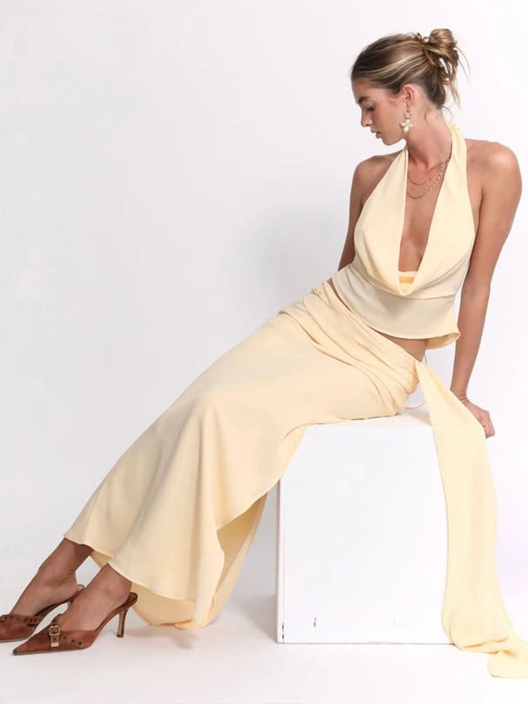 Weird Puss Elegant Women 3 Piece Set Stack Trend Halter Tops+Split Tassel Tassel+Flowers Mesh Skirts Matching Vacation Clubwear