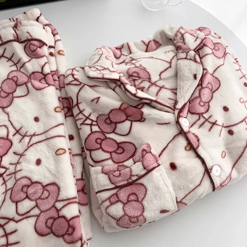 Sanrio Hello Kitty Women's Pajamas Sets Cuteore Cartoon Winter Warm Sleepwear Long Sleeve Pants Nightwear Flannel Home Clothes