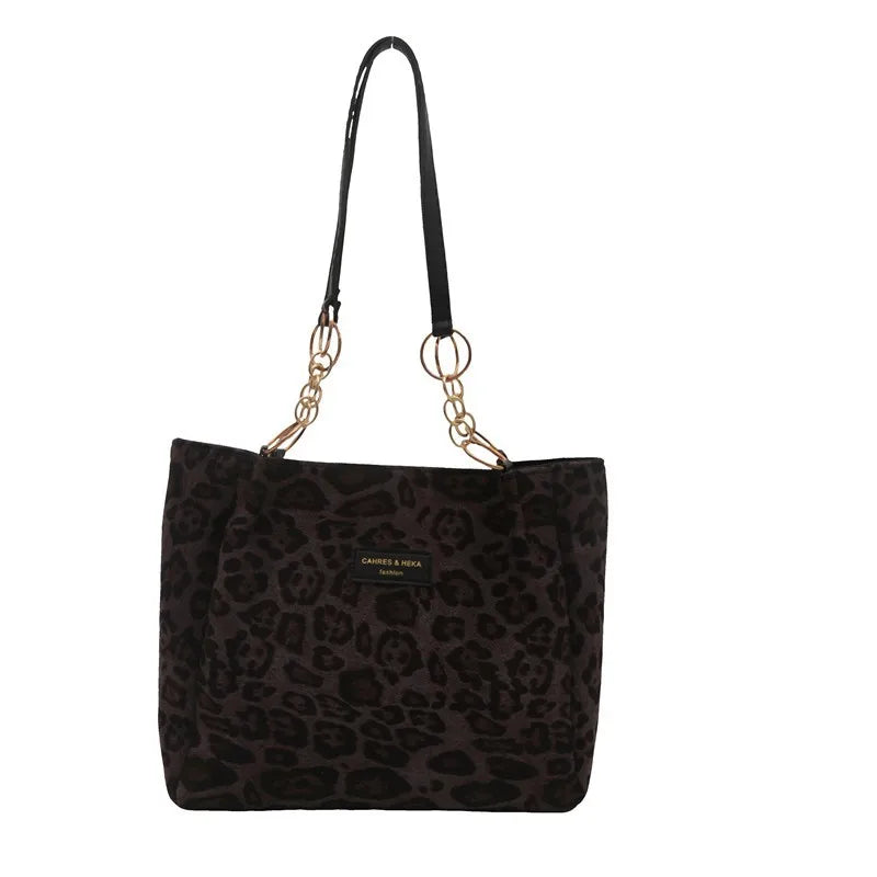 Korean version simple commuting canvas bag, large capacity Hong Kong style retro new bag, handbag, leopard print shoulder bag
