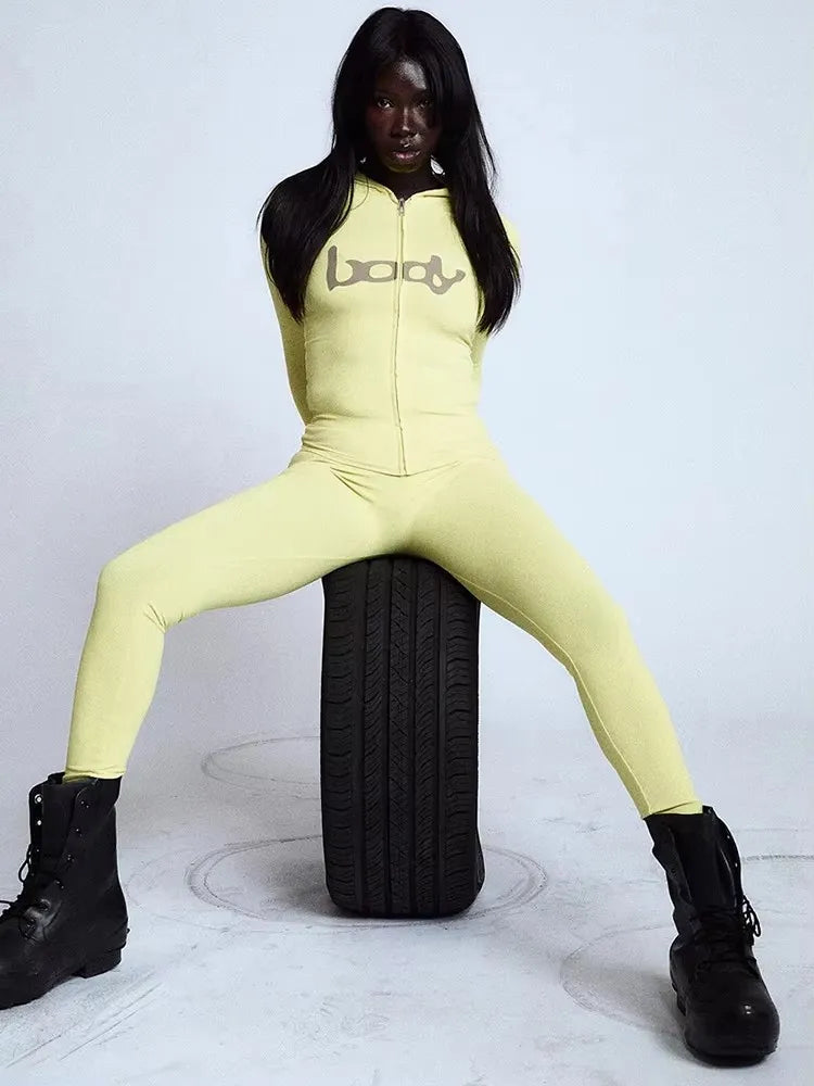 Weird Puss Letter Print 2 Piece Set Women Tracksuit Hooded Jacket+Leggings Matching Stretch Streetwear Casual Sporty Outfits