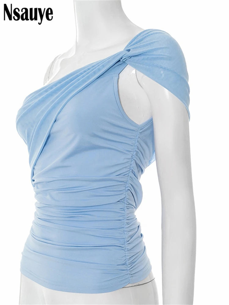 Nsauye Summer One Shoulder Sleeveless Twist Crop Top For Women Solid Backless Elegant Fashion Aesthetic Tank Tops Y2K Clothes