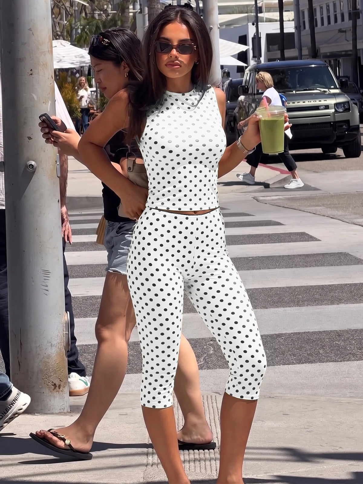 Dulzura Polka Dot Casual Sports 2 Piece Long Pants Set Backless Tank Top Slim Fit Long Pants Matching Set Vacation Street Outfit