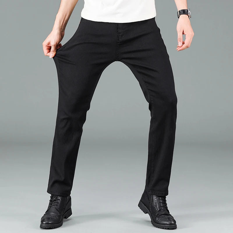Men's pure black jeans Korean version trendy straight fit pants men's comfortable and elastic classic business denim