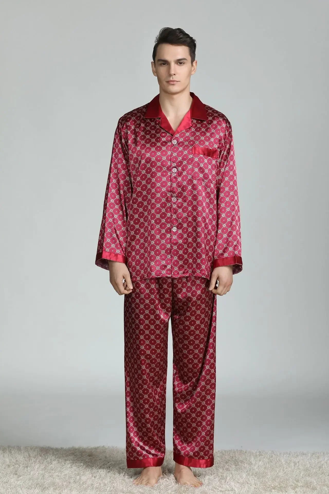 Silk Satin Pajamas for Men Sleepwear Cozy Soft Print Long Sleeve Nightgown Tops + Trousers Two Pieces Mens Pajama Set