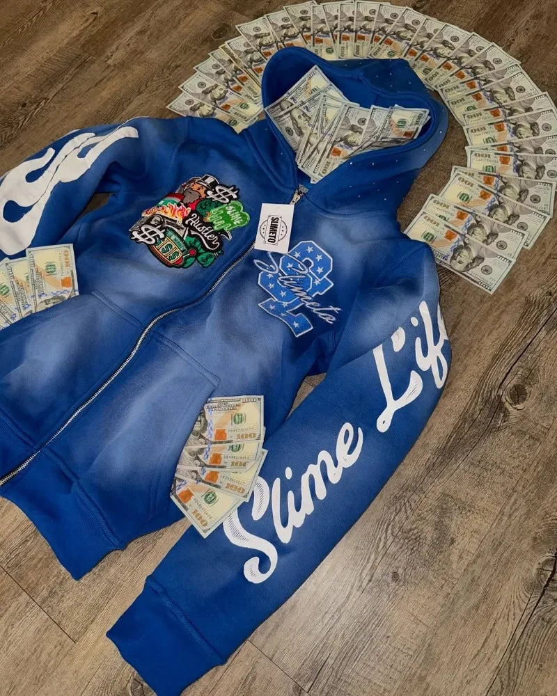 Harajuku Trend Brand Casual Loose Oversized Zipper Hoodie Men Y2k Gothic Retro Letter Flame Embroidered Sweatshirt Jacket Women