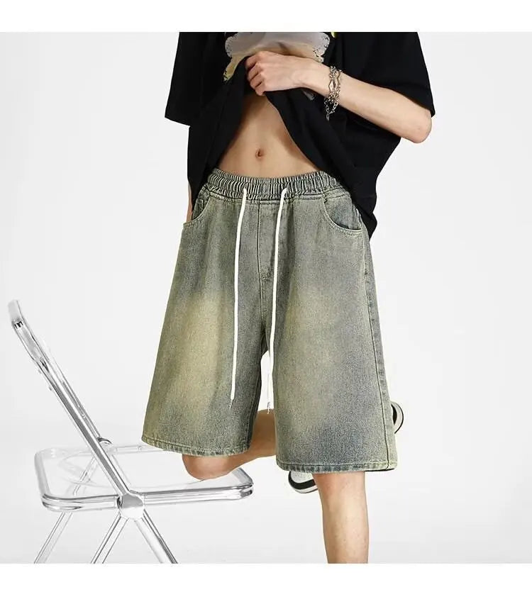 denim shorts, men's 2025 summer thin style retro loose American fashion brand casual five inch mid length pants