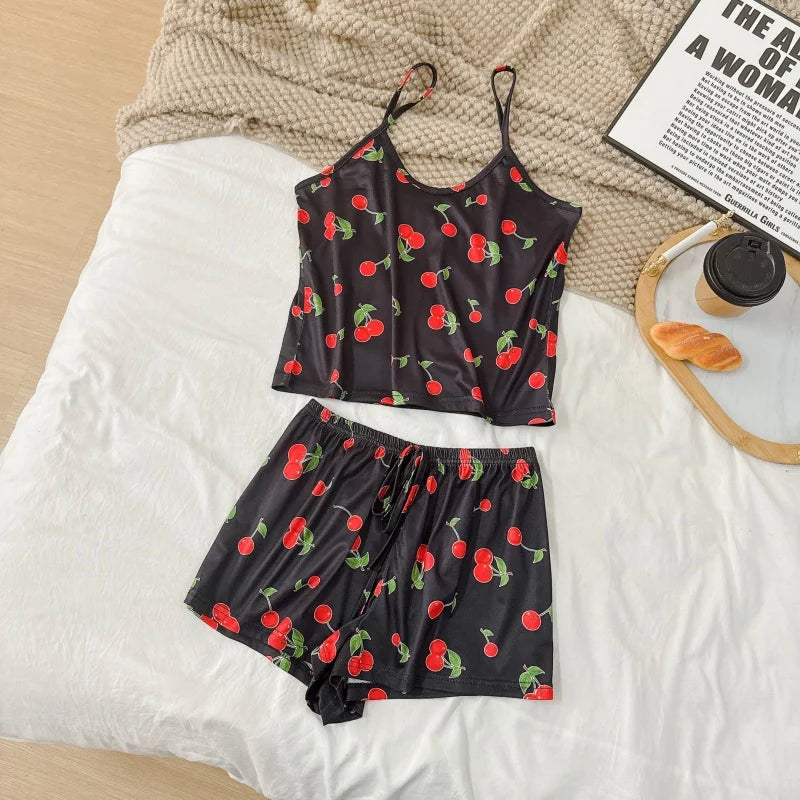 Women's Summer Printed Cami Sleeveless Top and Shorts Pajama Sets Female Soft Breathbale Nightwear Adjustable Belt Sleepwear New