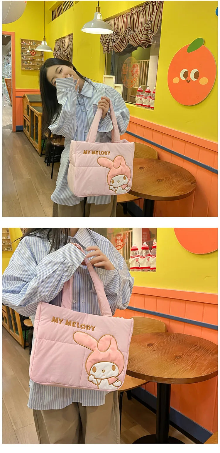Sanrio Kawaii Hello Kitty Kuromi Tote Bags Cute My Melody Pochacco Cartoon Down Cotton Large Capacity Shoulder Bag Gifts Girls