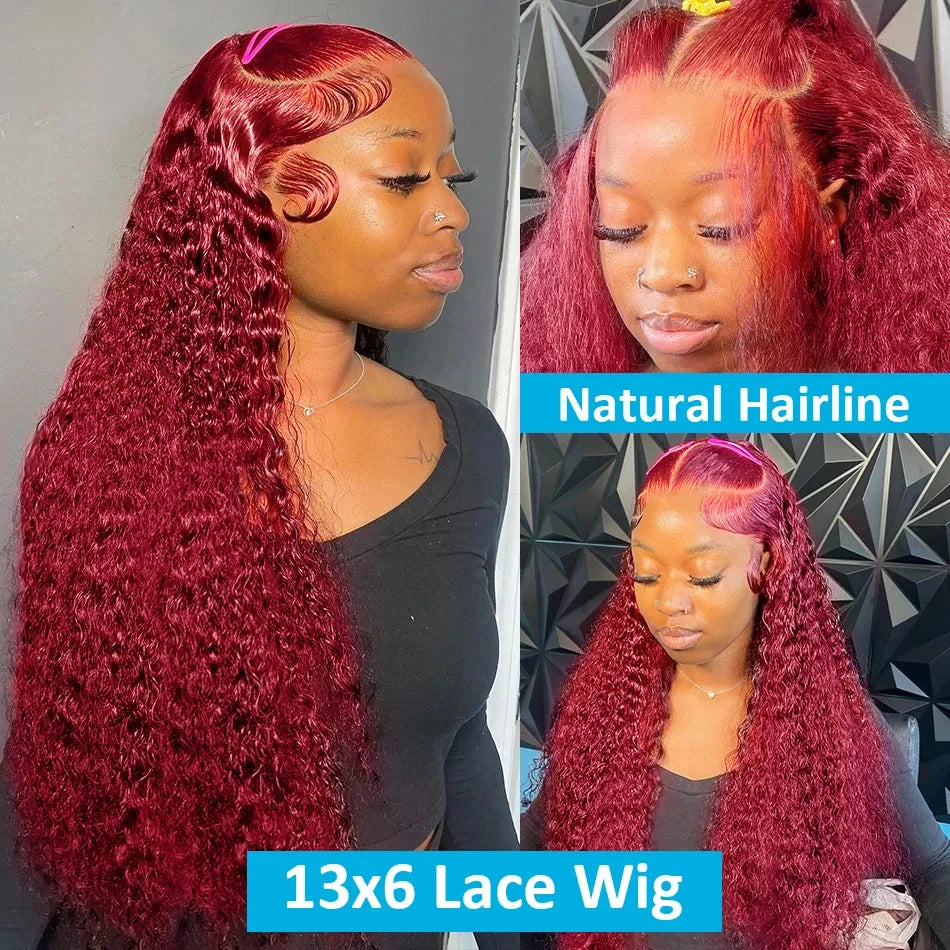 Wet And Wavy 99j Lace Frontal Wig Human Hair Burgundy 13x6 Hd Lace Frontal Human Hair Wig Red Curly Lace Front Human Hair Wigs