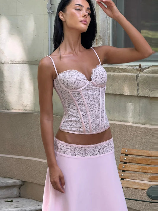 Lace Sweetheart Neck Lace Trim Corset Cami Top & Satin Midi Skirt 2-Piece Set 2026 Summer Chic Coquette Sweet Women Date Outfit