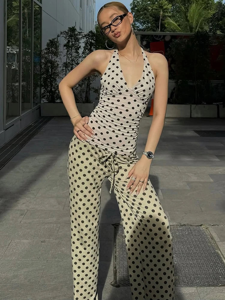 weird Puss Halter v-Neck Vest Women Y2K Lace-Up Backless Polka Dot Print  Skinny Summer Fashion Daily Street Basic Tank Tops