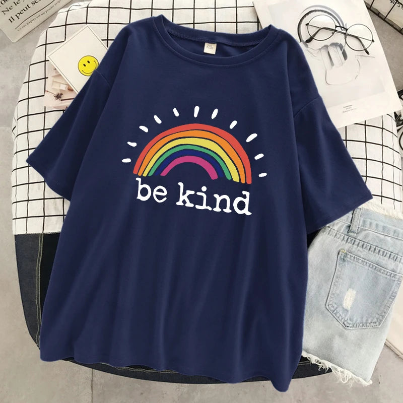 Be Kind A Glowing Rainbow Womens T Shirt Cotton Cool Tshirt Street Oversized Short Sleeve Fashion Breathable Tee Clothes