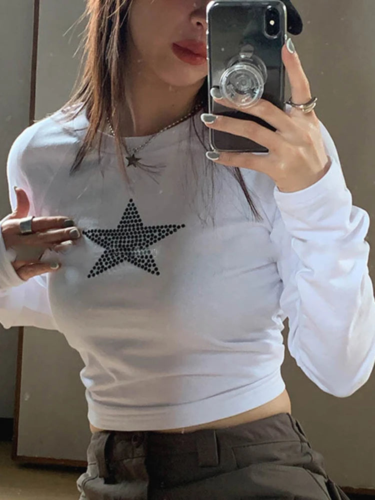 Y2K Harajuku Star Rhinestones Print Crop Top E-girl Gothic Retro Sweats Tees Korean Long Sleeve T-shirt 90s Vintage Streetwear