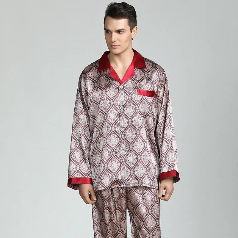 Silk Satin Pajamas for Men Sleepwear Cozy Soft Print Long Sleeve Nightgown Tops + Trousers Two Pieces Mens Pajama Set