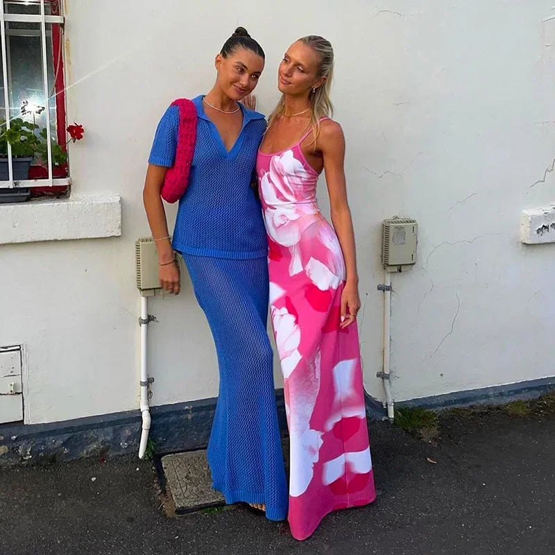 Elegant Printed Backless Long Dress Summer Women's Fashion Contrast Color Party Dress Patchwork Suspender Long Dress 2024 New