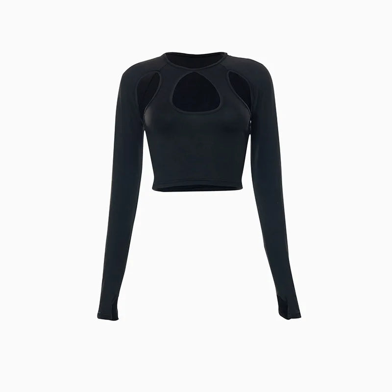 2023 Summer Long Sleeve Cropped Women Top Sexy Aesthetic Club O Neck Fairy Grunge Black Women's top