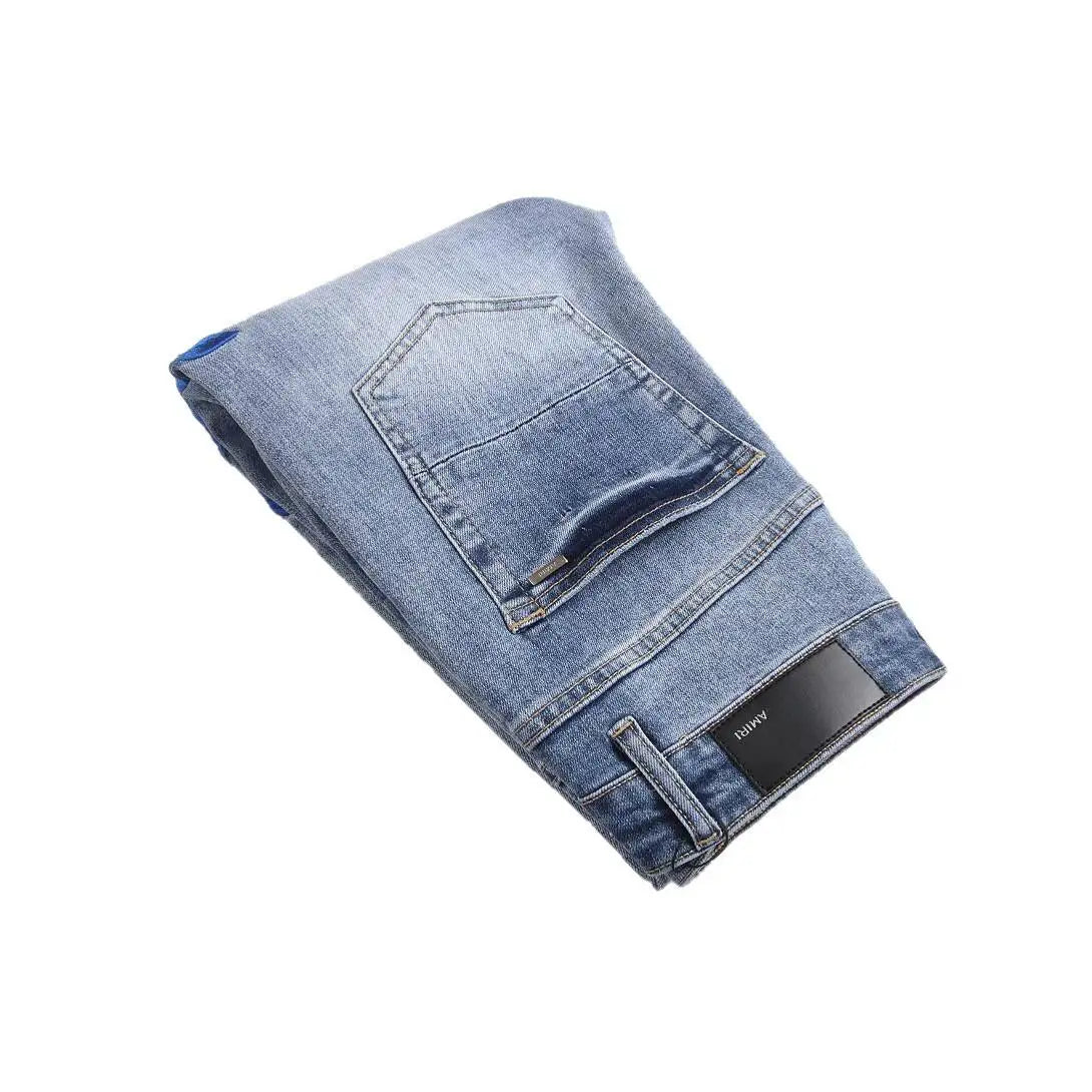 Current AM Brand Embroidered Distressed Patch High Street Youth Men's Slim Fit Skinny Pants