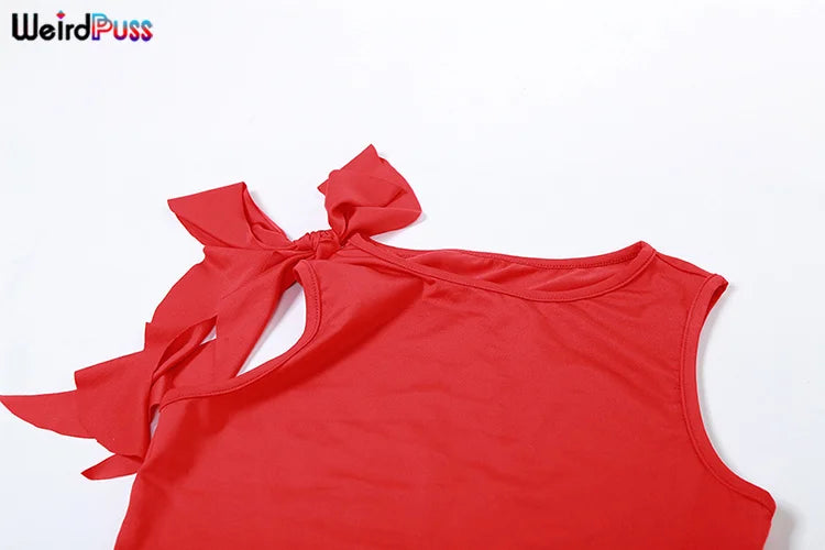 Weird Puss Women 2Piece Set Double-Deck Pleated Tassel Mini Skirt+Bandage Slim Tank Top Festival Party Sexy Matching Outfits