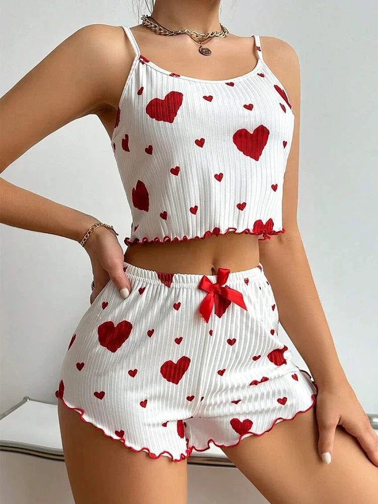 Sexy Girl Pajama Sets Love Heart Print Cami Top+Shorts Leisure Stripe Pyjamas Women Home Clothes Summer Sleeveless Sleepwear