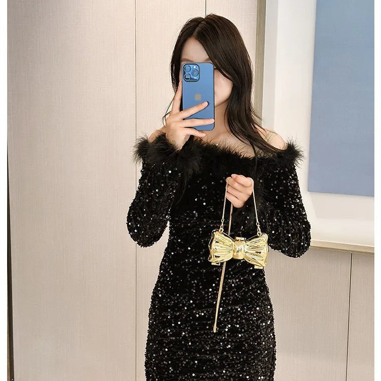 New Mini Evening Bag Metal Purse Crossbody Handbag for Girls Kid Women Bowknot Chain Shoulder Bag for Party Wedding