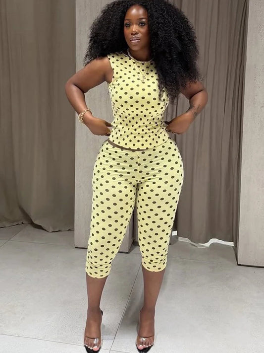 Sisterlinda Polka Dot Print Women Trend 2 Piece Set Sexy Backless Sleeveless Tank Top+Calf-Length Pants Trend Street Sporty Suit