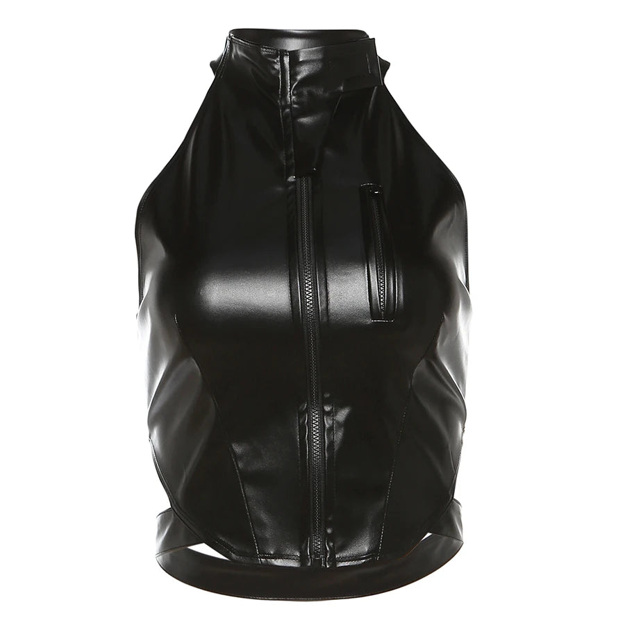 Weird Puss PU Backless Women Tank Tops Halter Neck Sleeveless Zipper Decoration Sexy Punk Nightclub Streetwear Summer Wild Vest