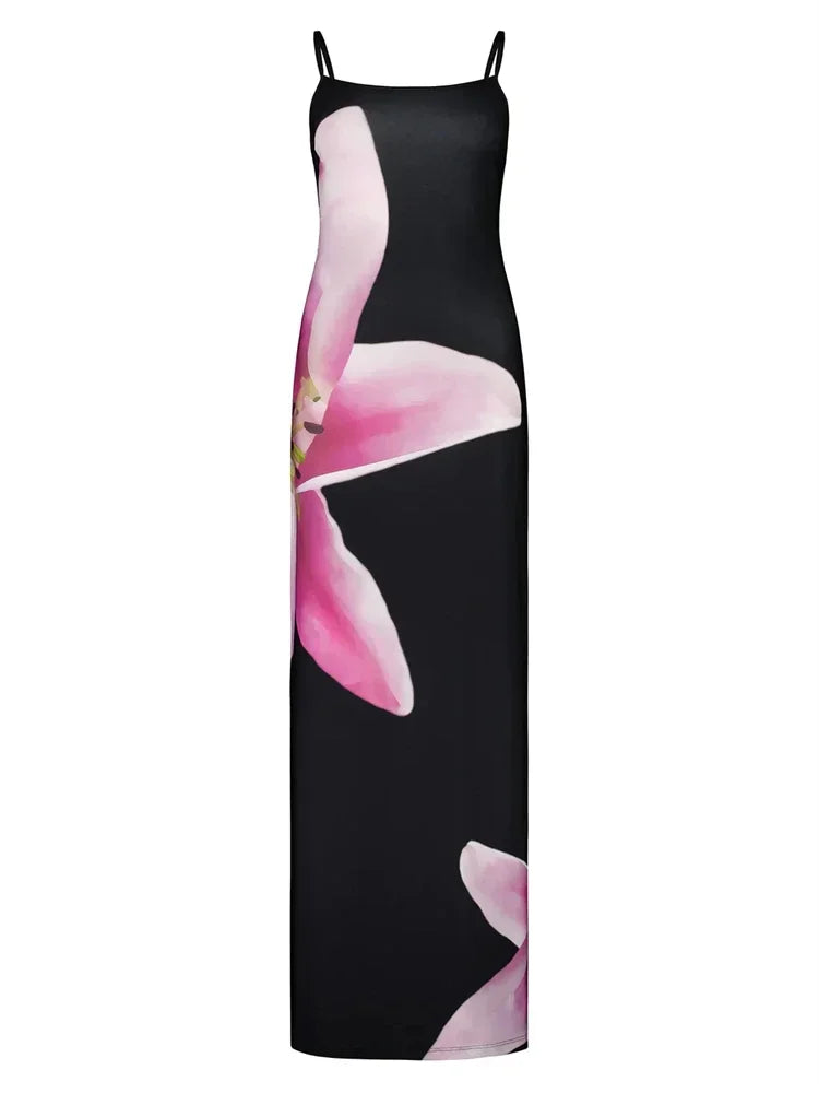 Elegant Printed Backless Long Dress Summer Women's Fashion Contrast Color Party Dress Patchwork Suspender Long Dress 2024 New