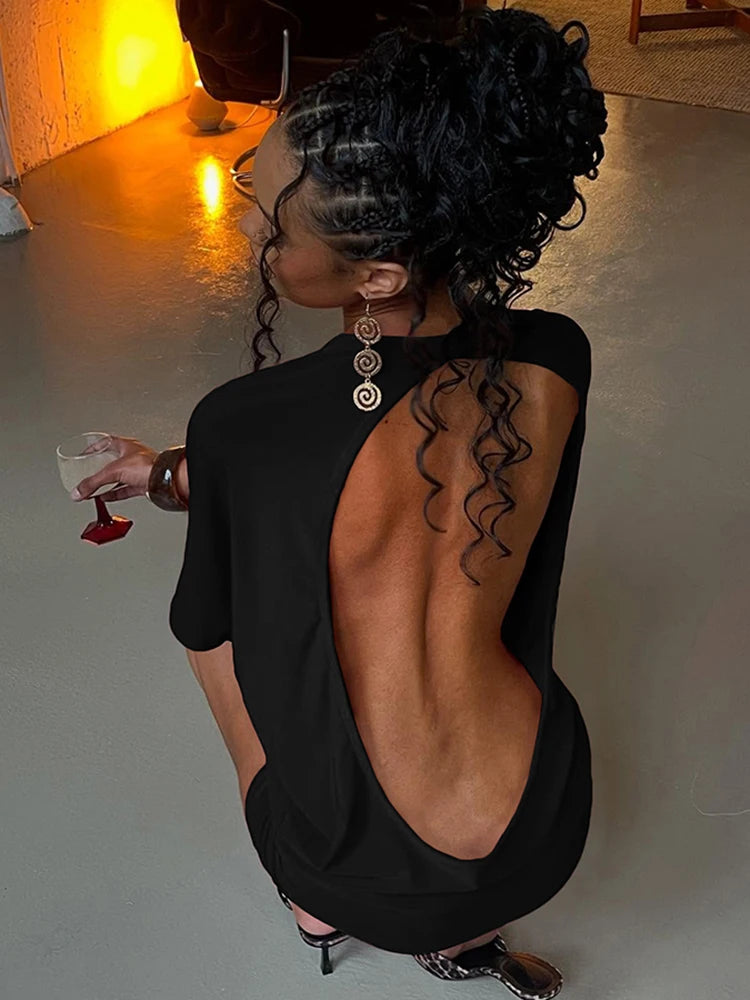 Weird Puss Sexy Backless Mini Dress Women Y2K Solid Trend Style o-Neck Half Sleeve Spicy Girls Street Fashion Skinny Outfits