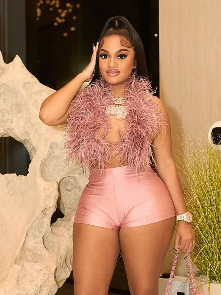 Weird Puss Sexy Hipster 2 Piece Set Women Y2K Summer Luxury Furs Tank Tops+Tight Stretch Shorts Midnight Clubwear Party Suits