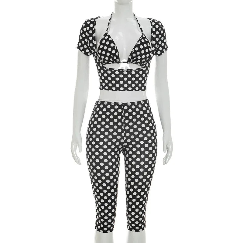 Sexy Polka Dot Summer Sets Women Halter Short Sleeve Bodycon Elegant 3 Piece Sets For Woman Outfit