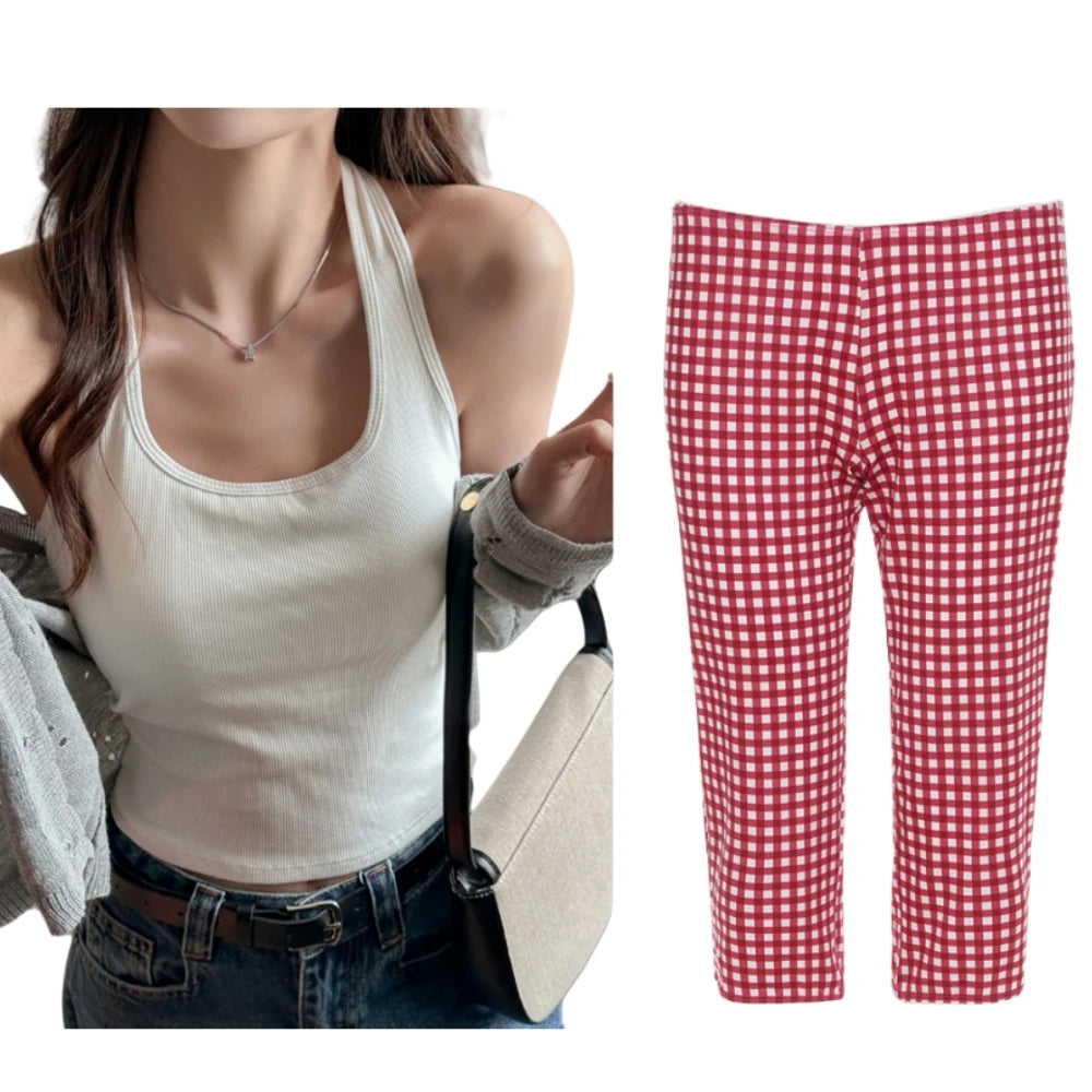 HLJ&GG Summer New Halter Tank Top Two Piece Sets Women Backless Slim Vest And Plaid Print Shorts Outfits Fashion 2pcs Streetwear