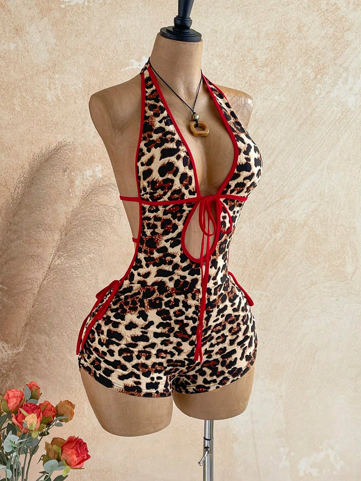 Vintage Melard Leopard Print Halter Neck Jumpsuit with Red Trim, Deep V Backless High-Waisted Tight-Fitting Hot Girl Vacation Jumpsuit