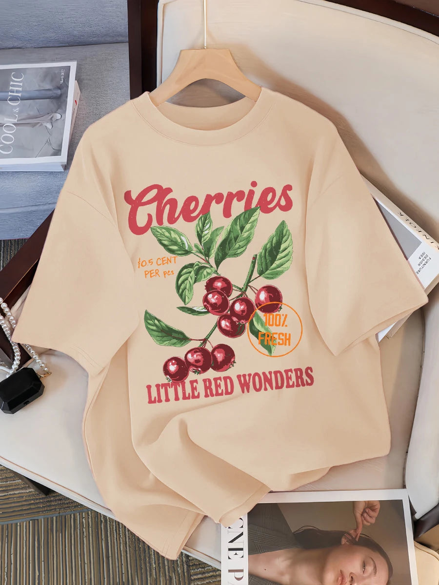 Cherries 100% Fresh Little Red Wonders Design Women T-Shirt Casual Loose T Shirts Hip Hop Cotton Sportswear Summer Soft Top