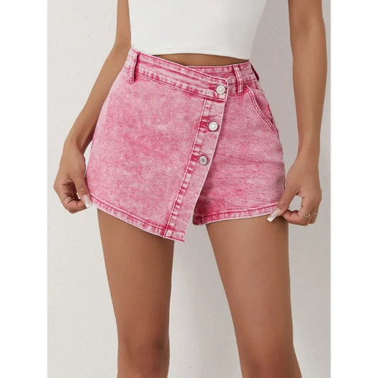 Ladies Shorts Casual Fashion Style High Waisted Pants with Asymmetrical Buttons 2025 New Pink Jeans