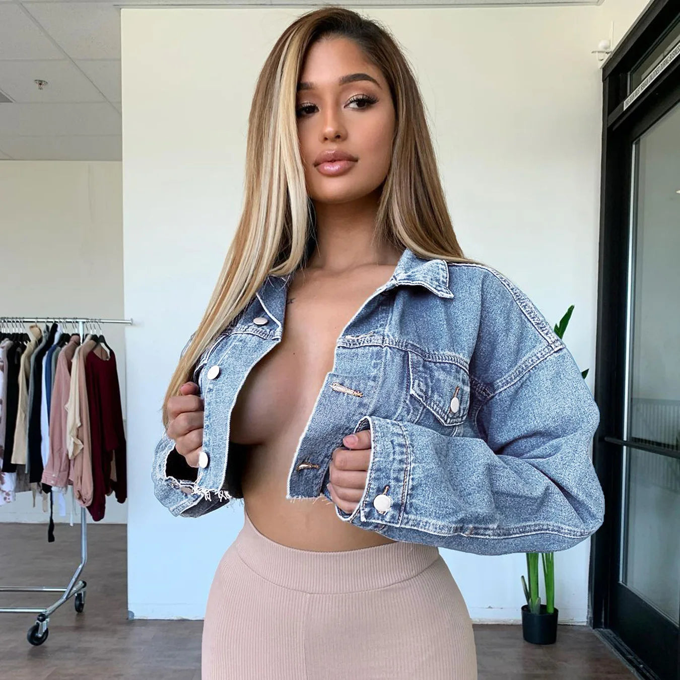 2023 Autumn New Long Sleeve Ripped Jacket Fashion Sexy Short Jeans Coat Casual Clothing XS-L